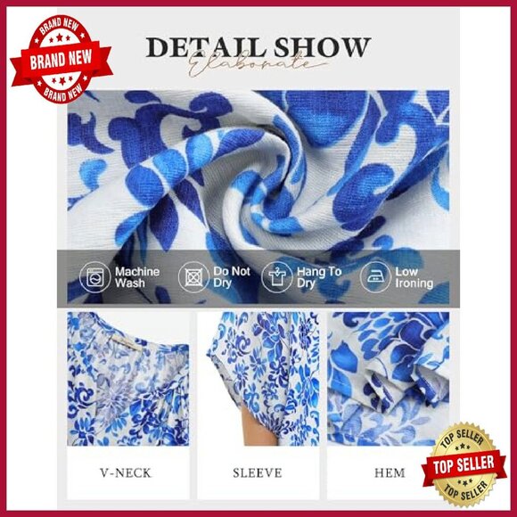 Women's 3/4 Sleeve V-Neck Bohemian Tunic Top Loose Fit Blouse - Picture 6 of 8